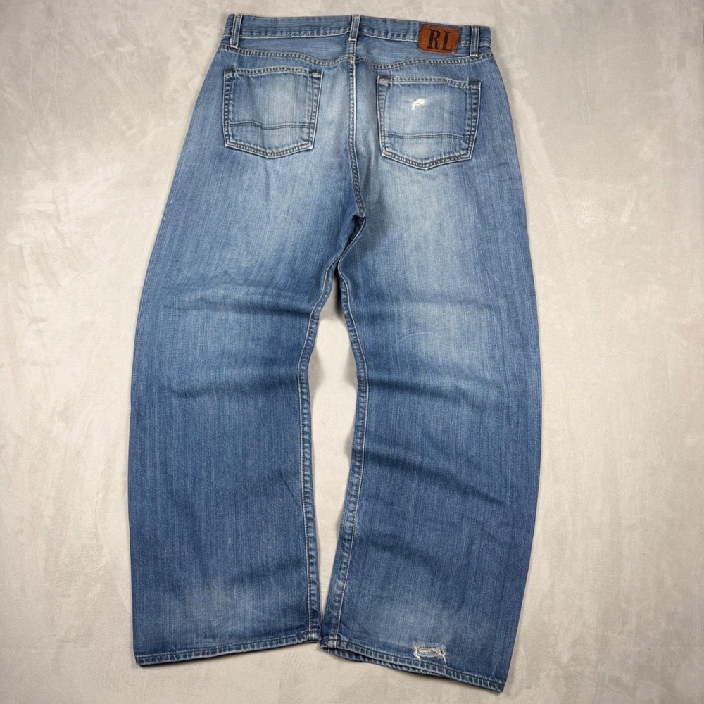 Y2K Mens Ralph Lauren RL Loose Fit Distressed Baggy Skater Jeans 36x30